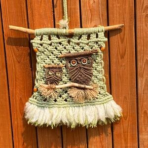 Vintage 70s Macrame Beaded Owl Wall Art